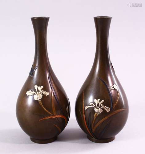 A FINE PAIR OF JAPANESE MEIJI PERIOD BRONZE & MIXED METAL SIGNED VASES, the pair of vases