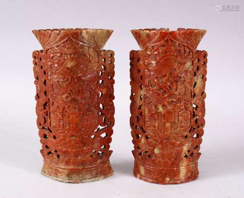 A PAIR OF 19TH CENTURY CHINESE CARVED SOAPSTONE POSEY VASES, Each carved with dragins and