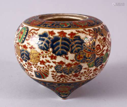 A JAPANESE MEIJI PERIOD IMPERIAL SATSUMA KORO, enamelled with precious objects and floral display,