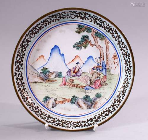 A 19TH / 20TH CENTURY CHINESE WHITE ENAMEL DISH, the dish decorated with scenes of figures seated in