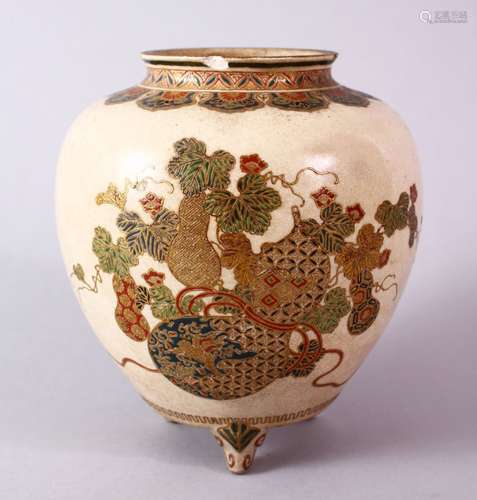 A JAPANESE MEIJI PERIOD IMPERIAL SATSUMA KORO, enamelled with displays of guord and foliage, 13cm