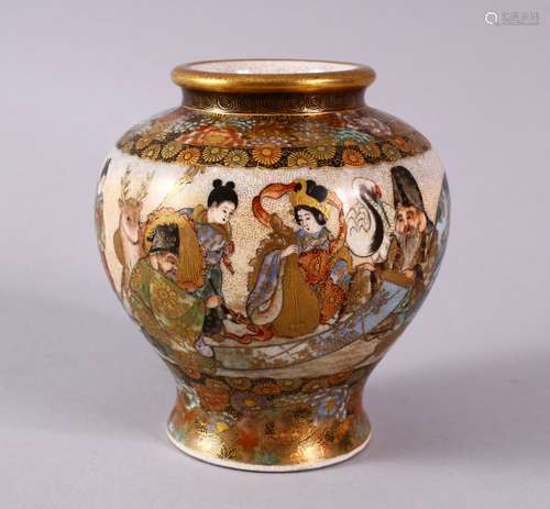 A FINE JAPANESE MEIJI PERIOD SATSUMA POTTERY LUCKY GOD GLOBULAR VASE BY HOZAN - the vase finely