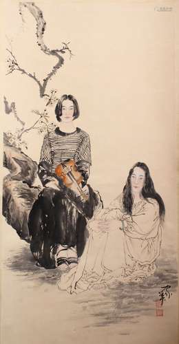 A GOOD CHINESE PAINTED SCROLL OF TWO LADIES, both seated in a landscape scene playing musical