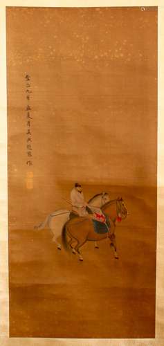 A CHINESE PAINTED TEXTILE SCROLL OF A WARRIOR UPON HORSEBACK, the warrior upon his horse with