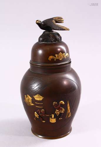 A JAPANESE MEIJI PERIOD BRONZE & MIXED METAL VASE & COVER, the body of the vase with mixed metal