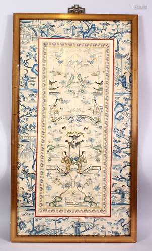 A 19TH CENTURY CHINESE EMBROIDERED PICTURE OF FIGURES IN LANDSCAPES AND NATIVE FLORA, Framed 17cm