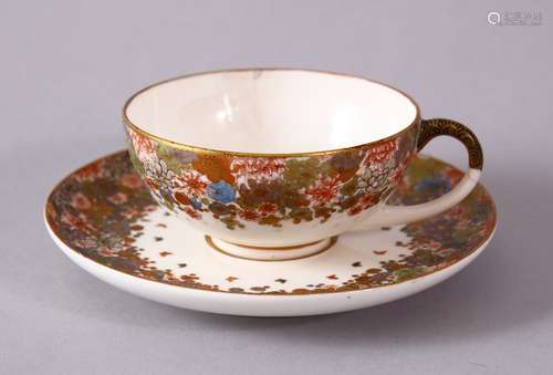 A JAPANESE MEIJI PERIOD SATSUMA MILLIFLEUR TEACUP AND SAUCER, with flora and butterfly decoration,