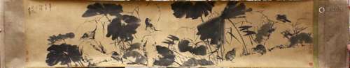 A VERY LARGE CHINESE PAINTED SCROLL OF BIRDS AND FLORA, with an upper let band of calligraphy and