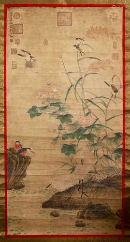 TWO GOOD LARGE CHINESE PAINTED SCROLLS - BIRDS AND PEACOCK, the peacocks stood amongst native