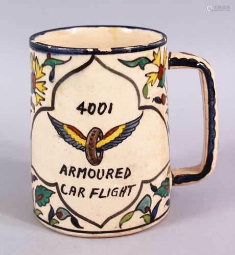 AN UNUSUAL JERUSALEM ARMINIAN GLAZED POTTERY TANKARD, Painted with floral spray and a panel of