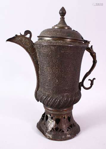 A 18TH/19TH CENTURY PERSIAN COPPER COFFEE POT, with liner, with twin hinged lid, pierced base,