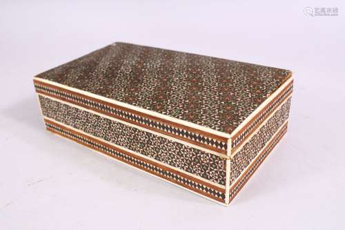 A 19TH CENTURY PERSIAN INLAID SANDLEWOOD BOX, 18cm long.