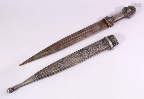 A 19TH CENTURY RUSSIAN KINJAL DAGGER with niello decoration to the scabbard and hilt, 49cm long.