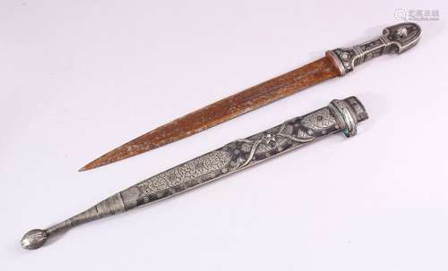 A 19TH CENTURY RUSSIAN KINJAL DAGGER with niello decoration to the scabbard and hilt, 50cm long.