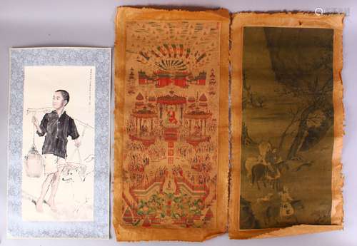 A LOT OF THREE CHINESE PAINTED PRINTED SCROLLS, one painted depicting a boy and his dog, signed