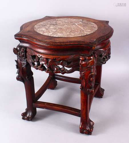 A 19TH CENTURY CHINESE CARVED HARDWOOD & MARBLE TOP STAND, the stand inset with marble to the top,