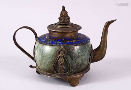 A 19TH CENTURY CHINESE BUDDHIST CARVED JADE / HARDSTONE & CLOISONNE TEAPOT, the body formed from