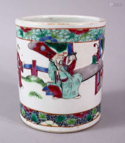 A FINE 19TH CENTURY CHINESE FAMILLE ROSE PORCELAIN CYLINDRICAL BUSH POT, the body with two band of