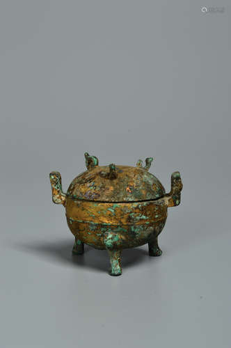 Chinese Bronze Gold Gilded Tripod Furnace