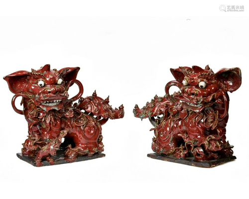 PAIR OF LARGE CHINESE IRON RED PORCELIAN DRAGONS