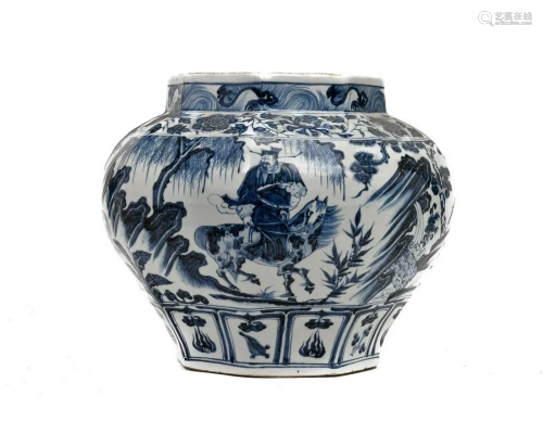 LARGE CHINESE BLUE AND WHITE PORCELAIN JAR WITH SCENES