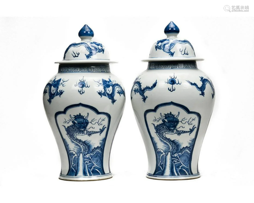 PAIR OF CHINESE BLUE AND WHITE PORCELAIN DRAGON JARS