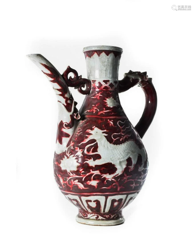 CHINESE IRON RED PORCELAIN JUG WITH DRAGONS