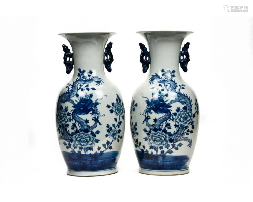 PAIR OF CHINESE BLUE AND WHITE PORCELAIN DRAGON VASES