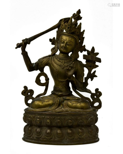 CHINESE BRONZE FIGURE OF SEATED BUDDHA WITH SWORD