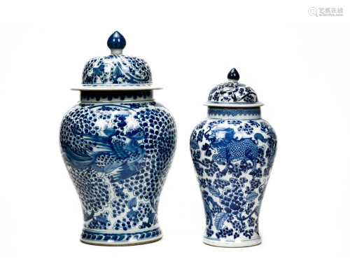 TWO CHINESE BLUE AND WHITE PORCELAIN JARS WITH LIDS