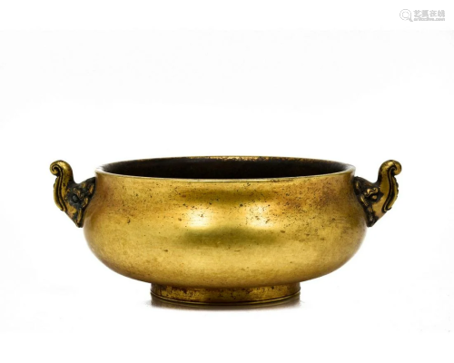 CHINESE BRONZE CENSER WITH ELEPHANT HANDLES