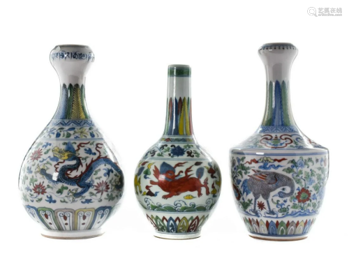 THREE CHINESE DOUCAI PORCELAIN VASES