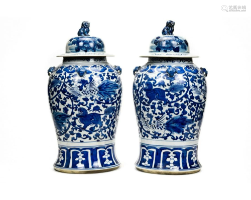 PAIR OF HUGE CHINESE BLUE AND WHITE PORCELAIN JARS WITH