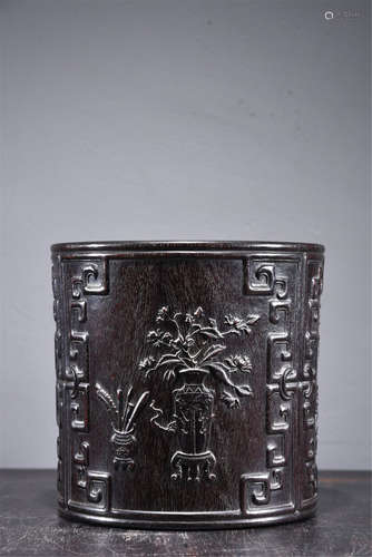 A Chinese Carved Hardwood Brush Pot