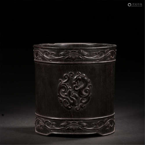 A Chinese Carved Hardwood Brush Pot