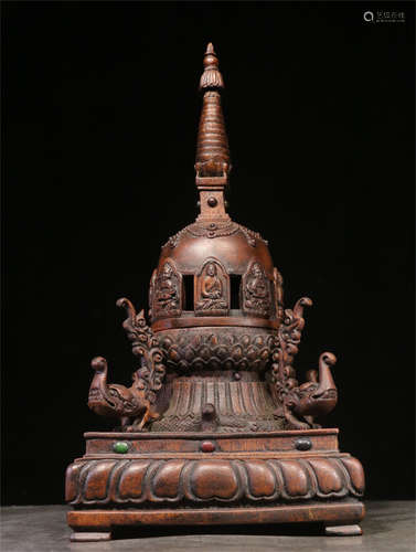 A Chinese Carved Hardwood Stupa