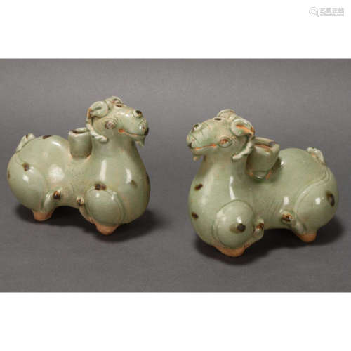 A Pair of Chinese Celadon Glazed sheep