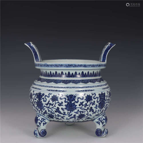 a large blue and white censer