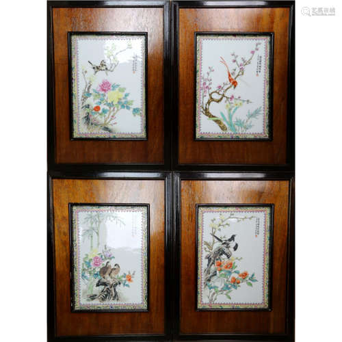 a set of four chinese porcelain plaque painted with flower