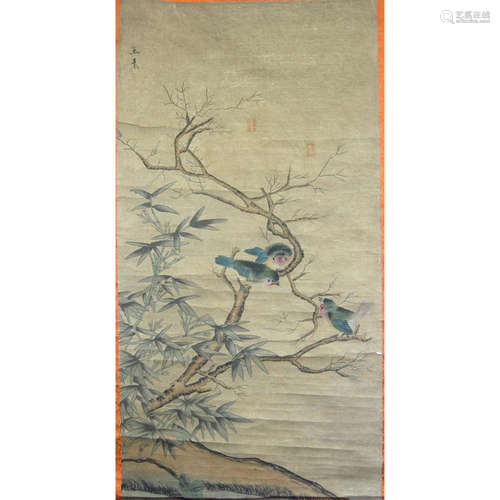 a chinese hanging scroll ink and colour on paper with bird