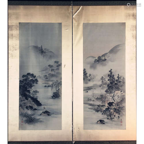 a pair of japanese painting paper Meiji Period