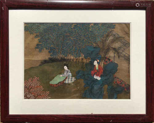 a chinese painting colour on silk framed Qiu Ying