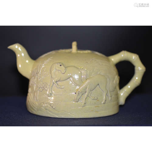 a chinese yellow carved porcelain teapot