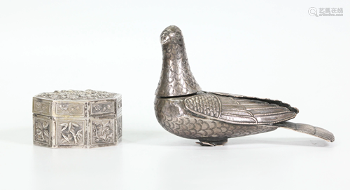 2 Chinese Qing Dynasty Silver Boxes Bird & Octagon