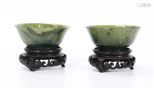 Pair Chinese Green Jade Teacups or Wine Cups