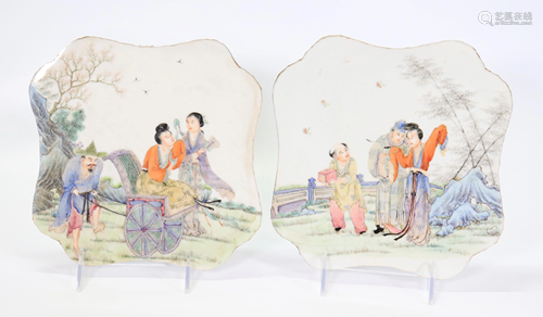 Pair Chinese Famille Rose Enamel Porcelain Plaques