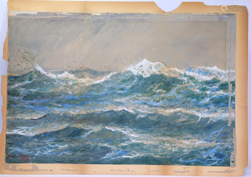 Watercolor of Waves on Board, Signed