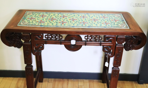 Chinese 19 C Hard Wood Table Doucai Porcelain Top