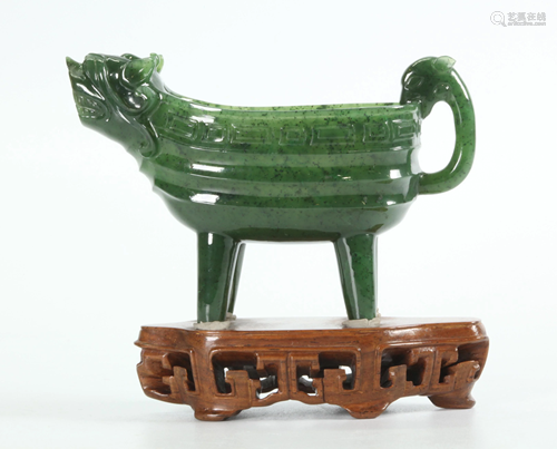 Chinese Green Jade Archaistic Animal Head Vessel