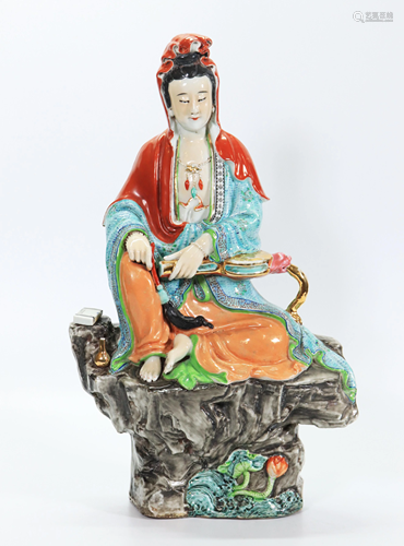 Lg Chinese Enameled Porcelain Seated Guanyin